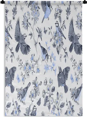 Produktbild von MuchoWow® Wandteppich Wandbehang Blumen - Vogel - Blau 60x90 cm Tapisserie Dekoration Wandtuch - Foto-Teppich - Abwaschbar