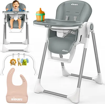 Produktbild von KIDUKU® Hochstuhl Baby 3in1 mit Neugeborenenaufsatz + Lätzchen, Spielbogen & Tisch | Kinderhochstuhl klappbar mit Liegefunktion | Kombihochstuhl höhenverstellbar | Babystuhl mitwachsend 0-36 Monate