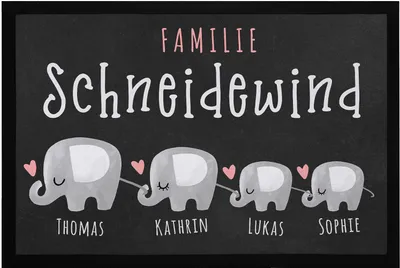 Produktbild von Fußmatte Familie mit Namen personalisiert Elefanten Wunschnamen individuell anpassbar rutschfest & waschbar SpecialMe® weiß 60x40cm