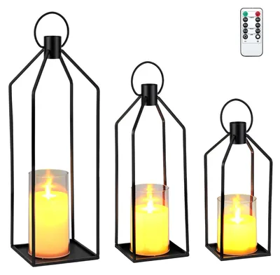 Zdjęcie produktu dla Zestaw 3 nowoczesnych lampionów LED – metalowe lampiony z migoczącymi świecami bezpłomieniowymi – dekoracja na werandę, stół, kominek i bar – kolor czarny