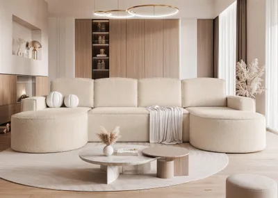 Productafbeelding van Woonkamerbank met slaapfunctie, model ARLET, bekleed met stof Abriamo in een lichtbeige kleur