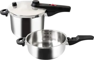 Two stainless steel pressure cookers on a white background.