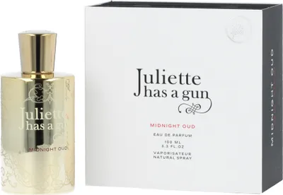 A bottle of Juliette Has a Gun Midnight Oud perfume and its packaging are displayed side-by-side against a white background.