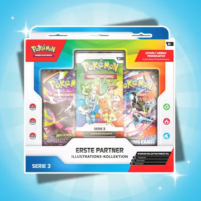 Produktbild von Pokémon Erste Partner Kollektion Set 3 Deutsch – 2 Boosterpacks + Promokarten + Sticker