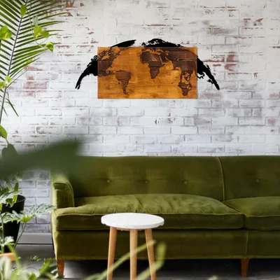 Image de Wallity, World- SKL1329, Couleur noyer,Noir, Autres décorations pour la maison, 83 x 35 cm, 50% bois (épaisseur : 3 cm) / 50% métal
