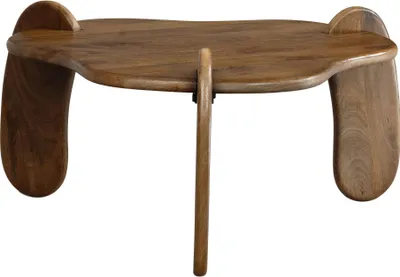 Couchtisch Mango Massivholz Walnussfarben in Gesamtansicht mit ovalen Seitengriffen und rundem Holzfuß.