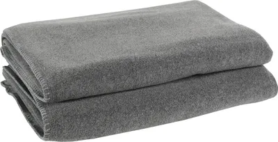 Two folded grey blankets are stacked on top of each other.
