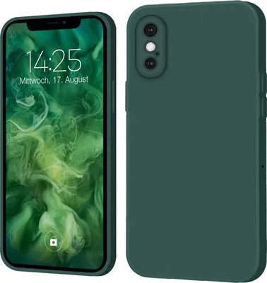 A product image showing an iPhone with a green case from the front and back.
