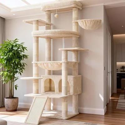 Produktbild von Kratzbaum XXL 202 cm mit großen Plattformen, Katzenhaus und Körbchen, beige