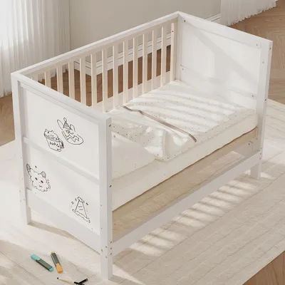 Produktbild von MODFU Gitterbetten Beistellbetten 90 x 200 mit abnehmbarem Schutzzaun und Wickeltisch Babybett Kinderbett mit 3-fach höhenverstellbar,ohne Matratze,Weiß