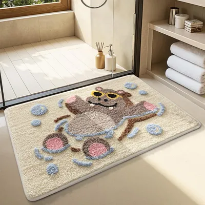 Immagine prodotto di Tappetino da bagno, motivo ippopotamo carino, 50x80 cm, antiscivolo, lavabile, in microfibra