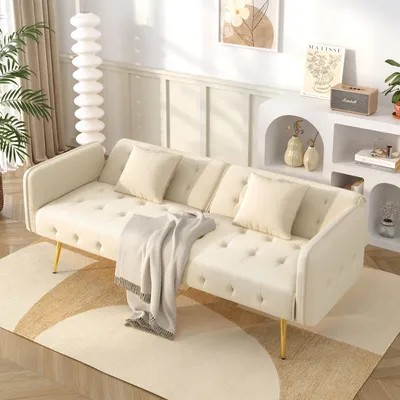 Image de OKWISH Canapé Droit Convertible - 2 Places Dossier 3 Positions Accoudoirs 6 Positions Tissu Velours Beige