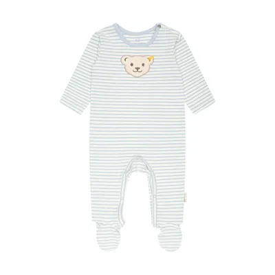 Produktbild von Steiff Baby Strampler - Einteiler, Baumwolle, Bär, Streifen, Druckknöpfe, Logo, langarm Hellblau/Weiß 50