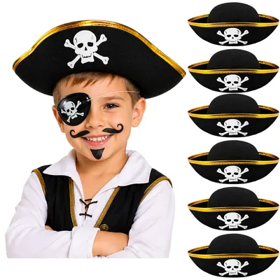 Produktbild von Piratenhut mit Totenkopf für Kinder | Schwarz Gold Stückzahl: 6er Set