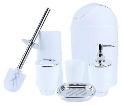 Immagine prodotto di Set da bagno composto da 6 pezzi - Bianco - Include dispenser per sapone, porta spazzolini e cestino