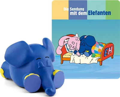 A blue elephant toy is shown in the foreground, with a book cover featuring two cartoon characters sleeping in a bed in the background.