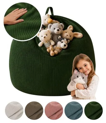 Produktbild von MEBLE ODNOWA, Kinder-Pouf, Spielzeug-Organizer, Spielzeugtasche, Dunkelgrün, Pouf Kinderzimmer, Pouf mit Reißverschluss, Pflegeleicht, Waschbar
