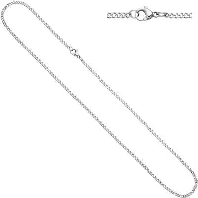 A silver chain necklace is laid out on a white background.