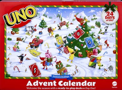 Produktbild von Adventskalender für Kinder 2026 Mattel UNO 24 Türchen Spielzeug Überraschung jeden Tag Geschenk für Mädchen und Jungen Weihnachtskalender Adventszeit