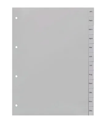 Produktbild von europrotokoll Ordnerregister Jan.-Dez., neutral, ohne Deckblatt, 12-teilig, DIN A4, Register aus PP, strapazierfähige Trennblätter für Ordner, grau