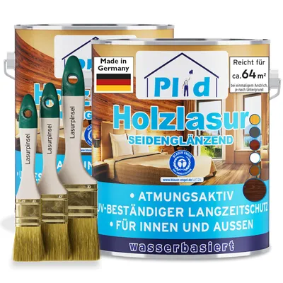 Produktbild von Plid Holzlasur Innen & Aussen Palisander 5L+ Lasurpinselset 3 tlg. / Holzschutzlasur Außen mit UV beständigem Langzeitschutz - Grundierung Holz Außen