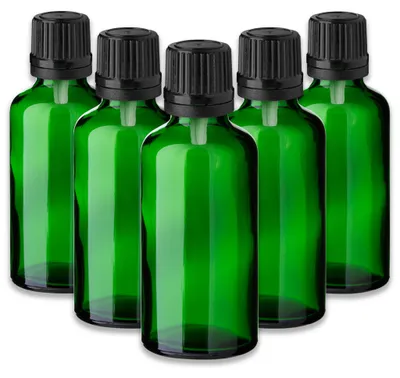 Produktbild von 5x Grüne Glasflasche 50 ml mit schwarzem Tropfer – Tropfeinsatz Leer