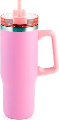 Produktbild von Fuchsiafarbener Thermobecher aus Edelstahl mit Strohhalm, 0,9 Liter