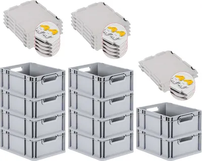 Produktbild von SuperSparSet 10x Eurobox NextGen Grip mit Scharnierdeckel und gelben Schiebeschnappverschlüssen | HxBxT 17x30x40cm | 16 Liter | Grau | Griffe offen | Glatter Boden | Eurobehälter, Transportbox, Transportbehälter, Stapelbehälter