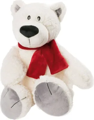 A white plush polar bear wearing a red scarf, sitting against a white background.