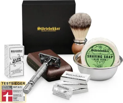 Produktbild von Störtebekker® Premium Rasierset - Rasierhobel Silber – inkl. Echtlederetui (Café) - Rasierseife Aloe Vera Duft - Rasurset / Bartpflege Set