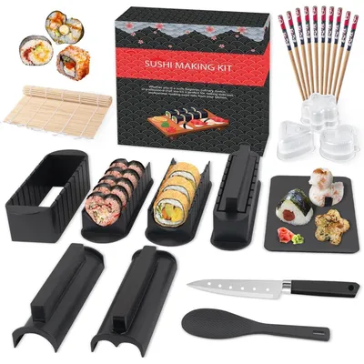 Immagine prodotto di Set per la preparazione del sushi, 20 pezzi, ideale per principianti, con piatto per sushi, stampi per roll, forchetta, coltello, tappetino e bacchette, colore nero