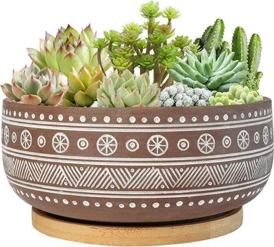 Produktbild von Runde Terracotta Pflanzschale 20CM Braun mit Abflussloch und Bambusunterteil