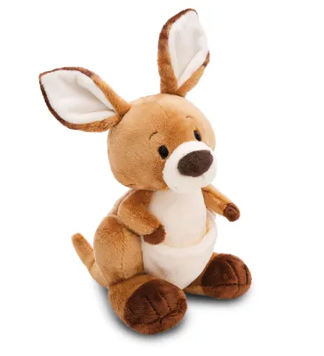 A plush toy kangaroo sits on a white background.