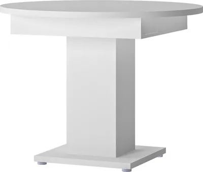 A white dining table with a pedestal base.