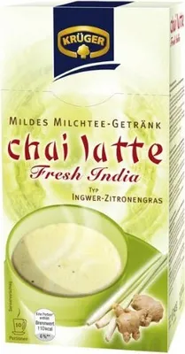 A box of Krüger Chai Latte with a depiction of a cup of the drink and ingredients.