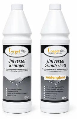 Produktbild von Corpet Universal-Grundschutz & Reiniger Seidenglanz 2 x 1 Liter – Bodenpflege Set | für Vinyl- & Polyurethanversiegelte Fußböden