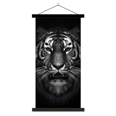Produktbild von MuchoWow® Textilposter Tiger - Tiere - Schwarz - Weiß - Porträt - Wild 60x120 cm mit schwarzem Rahmen - Magnete