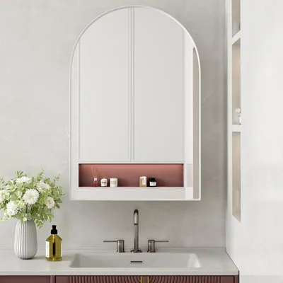 Produktbild von Moderner Bogenspiegel Spiegelschrank mit Ablage Metall Weiß 91x61x12 cm