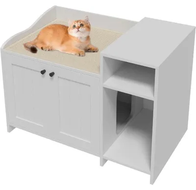Produktbild von Katzenklo-Möbel aus Holz - Versteckter Katzentoiletten-Schrank 80 cm - Belüftete Tür - Seitliche Schubladen & Regale - Erhöhter Rand oben - Weiß