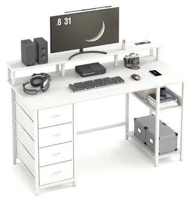 Computertisch 120x50 cm, 4 Schubladen, Steckdosen, USB, Monitorablage