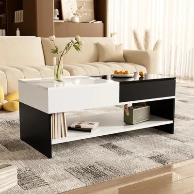 Immagine prodotto di Tavolino con 2 cassetti - Design bianco e nero, spazio per riporre oggetti, piano lucido, 100 cm