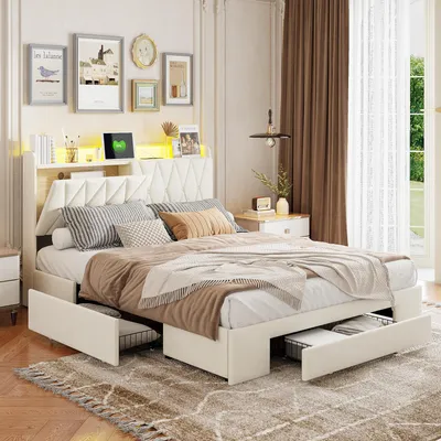 Produktbild von INONEFT 140 x 200 cm, beiges Samtbettgestell mit 3 Schubladen, LED-Lichtleiste und USB-Ladeanschluss, Bettgestell mit Stauraum, ohne Matratze