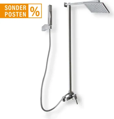 A modern shower panel system with a rain shower head and a handheld shower.