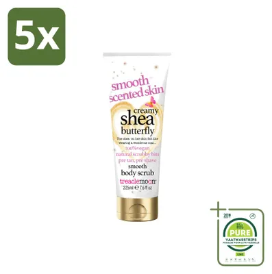 Imagen del producto de 5 unidades de crema exfoliante corporal Treaclemoon, línea "Shea Butterfly", 225 ml cada una. Paquete grande