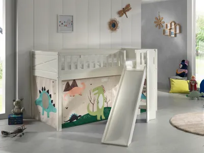 Produktbild von VIPACK - Spielbett SCOTT, LF 90 x 200 cm, mit Rolllattenrost, Rutsche, Leiter und Textilset "Dino", weiß lackiert