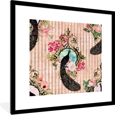 Produktbild von MuchoWow® Gerahmtes Poster Pfau - Rosa - Blumen 40x40 cm - Poster mit Schwarzem Bilderrahmen Wandposter Rahmen Foto Bilder - Poster - Plakat im Rahmen