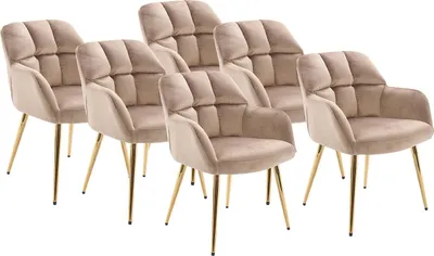 Produktbild von Satz von 6 Stühlen mit Armlehnen - Velours und Goldmetall - Beige - PEGA