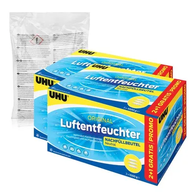 Two boxes of UHU Luftentfeuchter (air dehumidifier) refill bags, with a plastic bag of refills in the background.