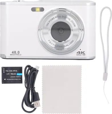 Zdjęcie produktu dla Kieszonkowa kamera 48 MP 4K Ultra HD z podwójnym obiektywem i 16-krotnym zoomem, autofokusem i funkcją Anti-Shake 2,4 cala
