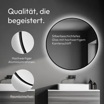Produktbild von LED Wandspiegel 100 cm, matt schwarz, Alurahmen, Licht neutralweiß, IP24